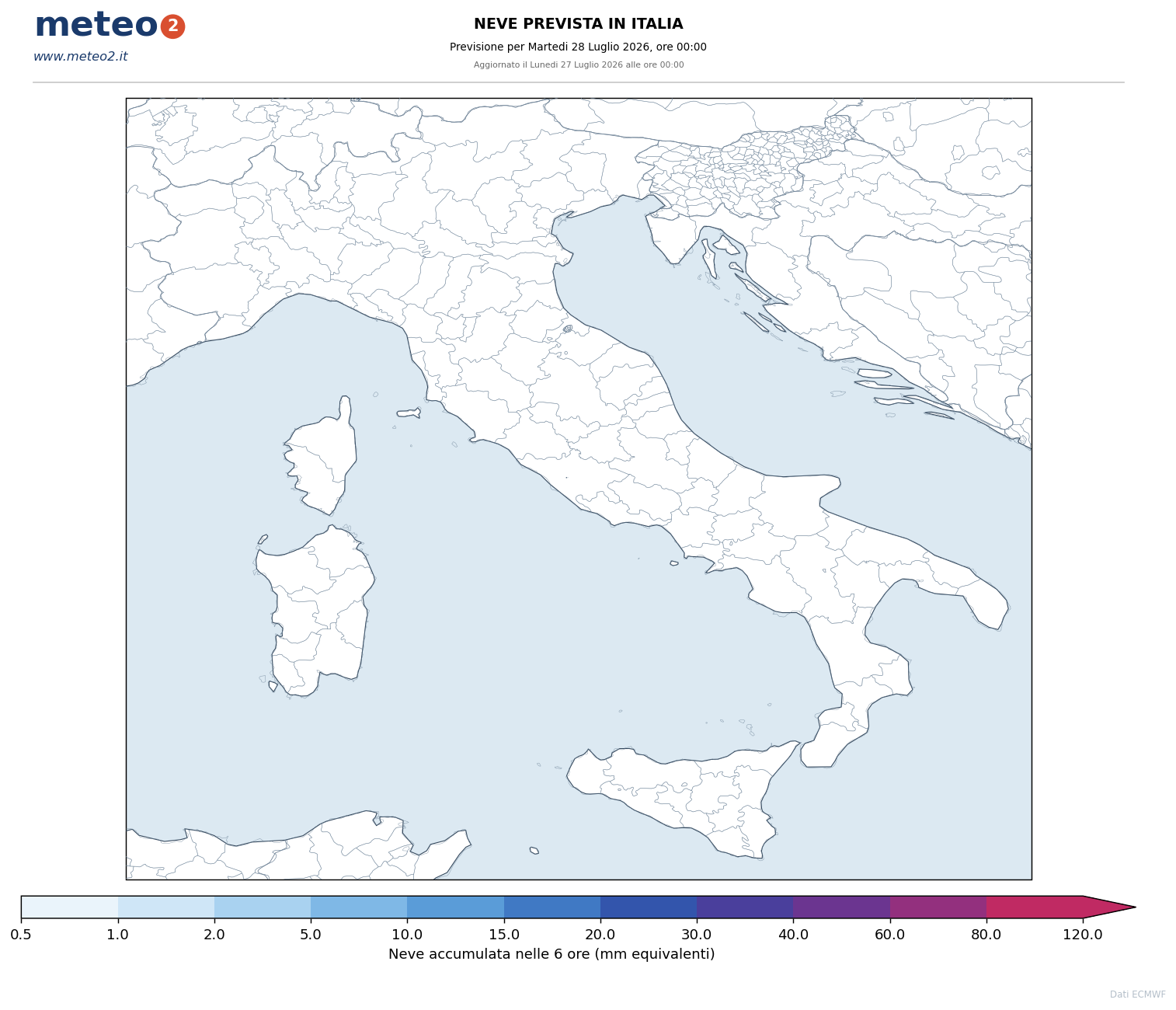Neve: Neve accumulata nelle 6 ore - previsione ECMWF per l'Italia