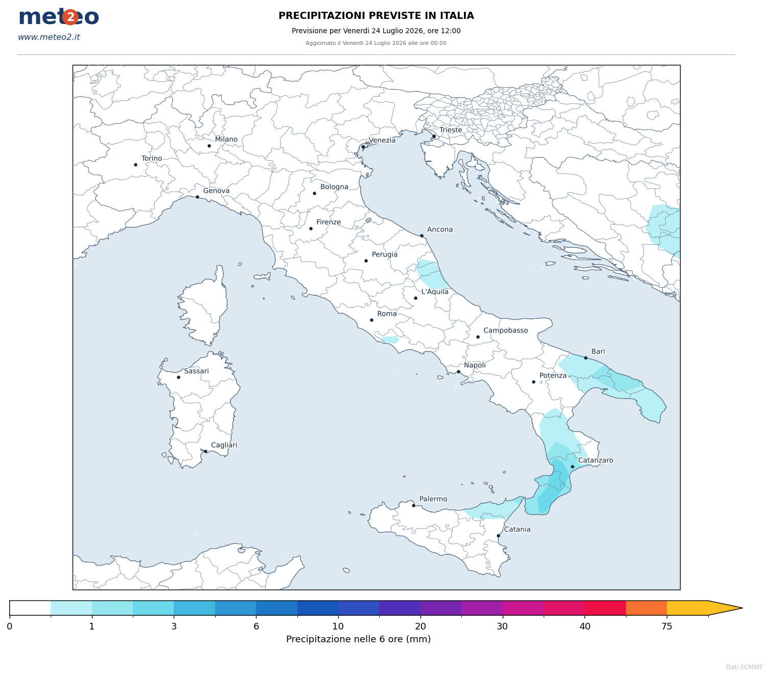 Mappa delle precipitazioni previste in Italia