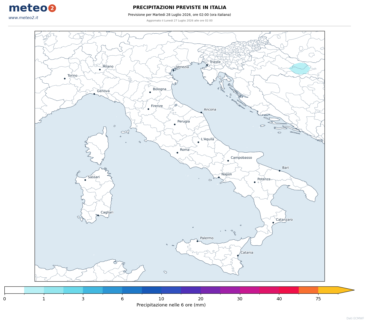 Precipitazioni: Pioggia prevista nelle 6 ore - previsione ECMWF per l'Italia