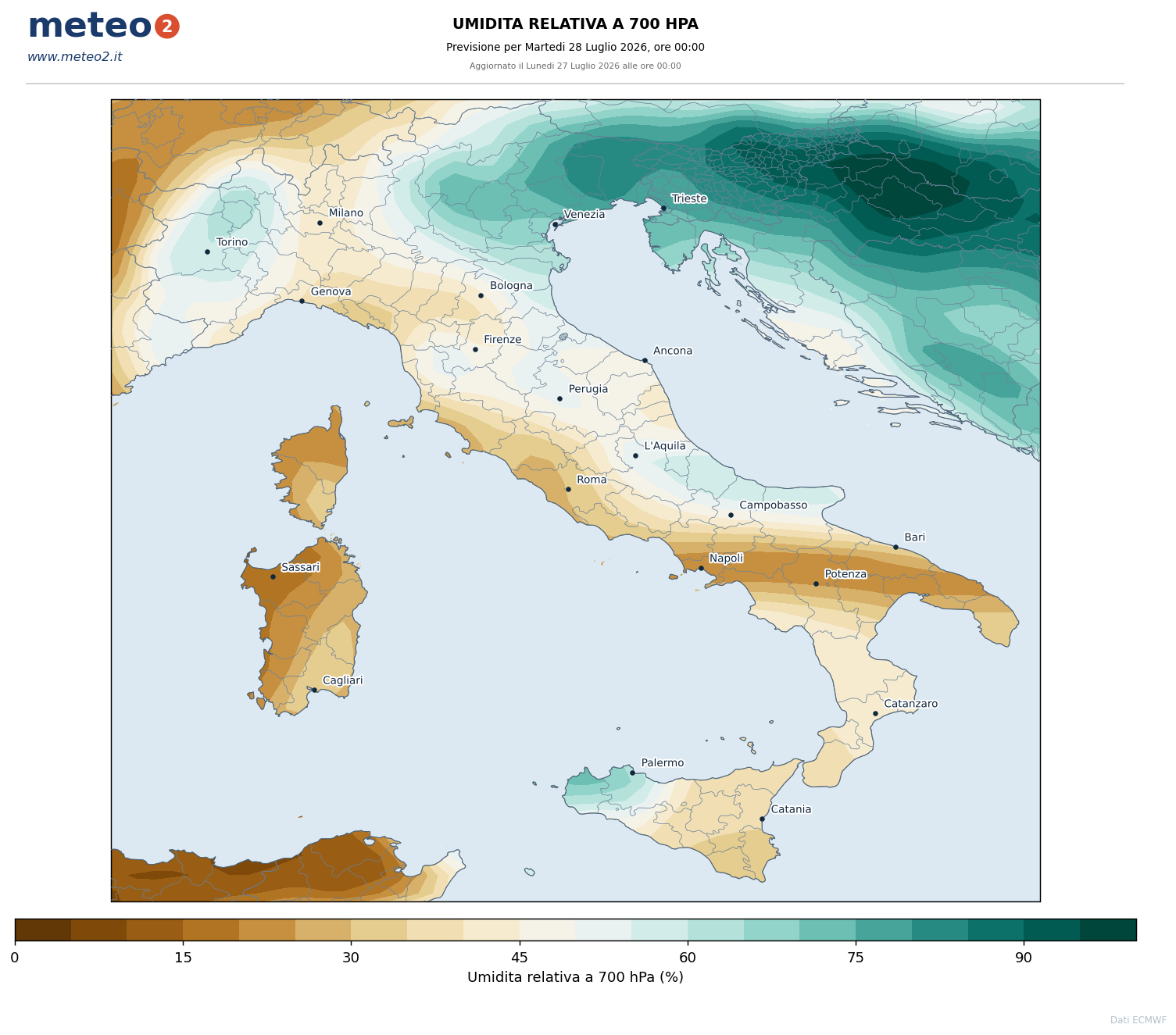 Umidita 700: Umidita relativa in media troposfera - previsione ECMWF per l'Italia