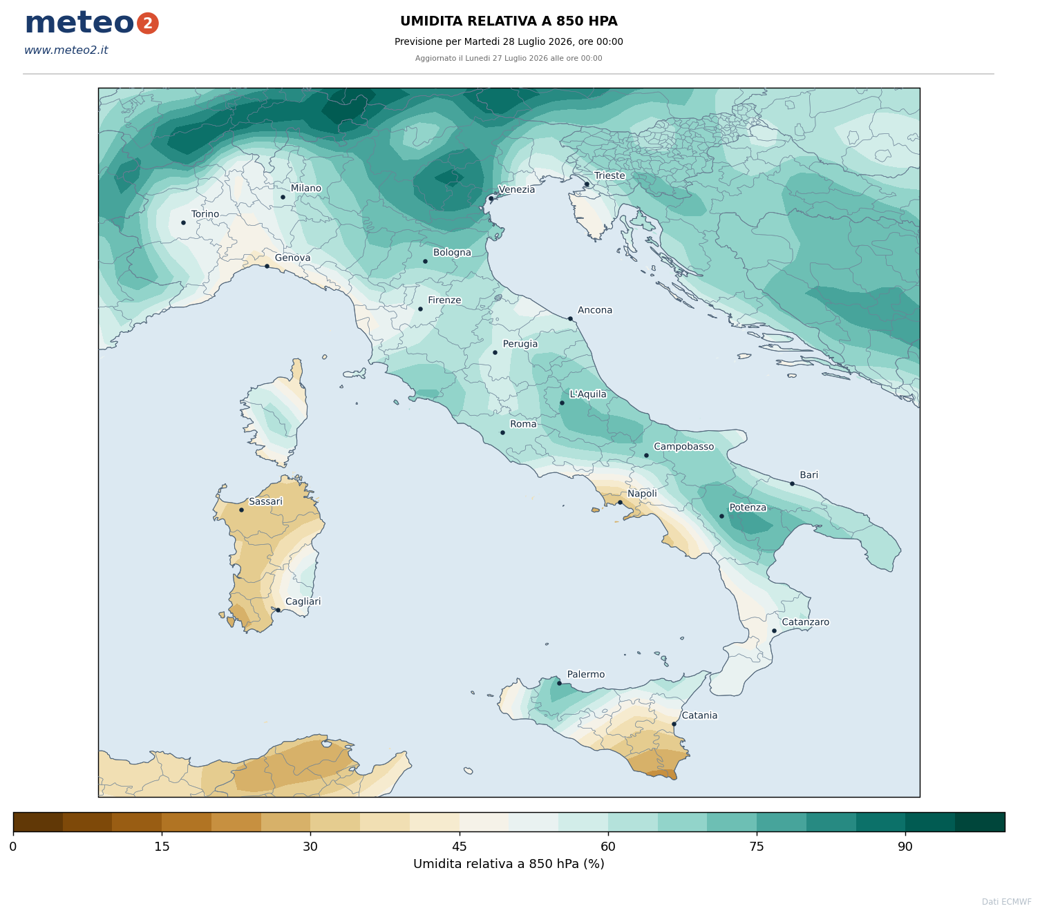 Umidita 850: Umidita relativa a 850 hPa - previsione ECMWF per l'Italia