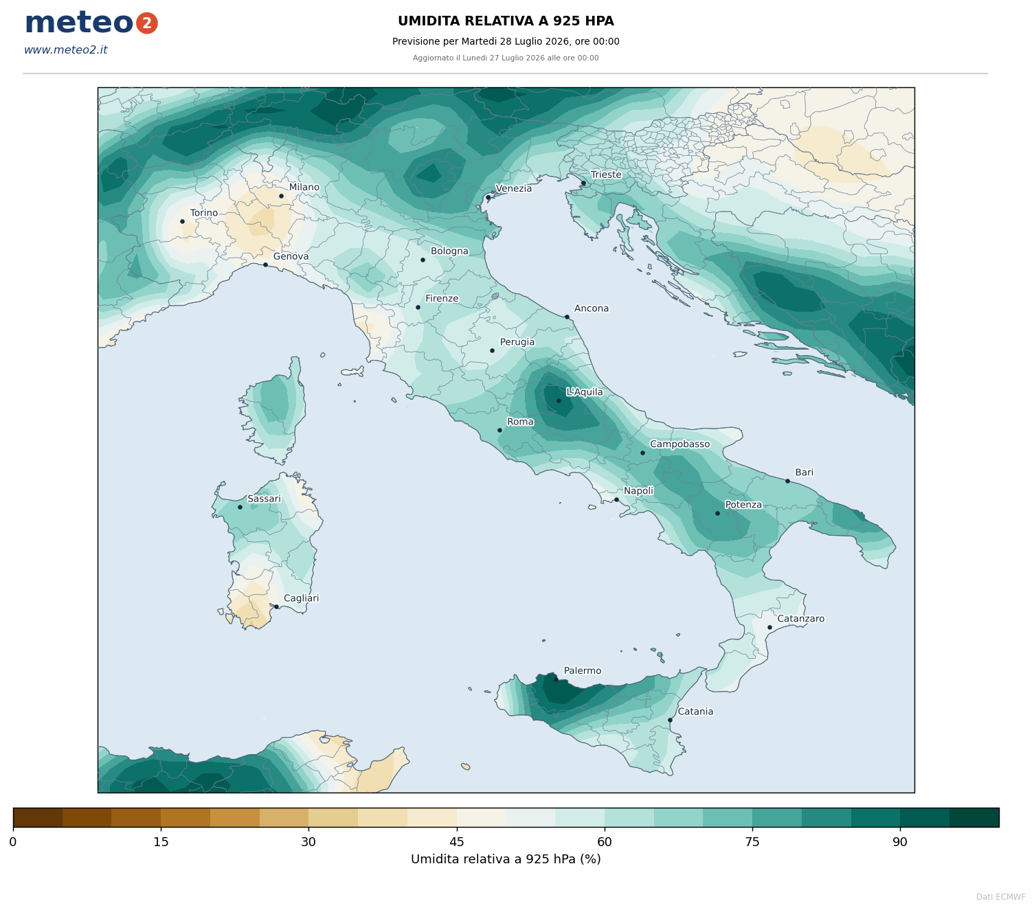 Umidita 925: Umidita relativa nei bassi strati - previsione ECMWF per l'Italia