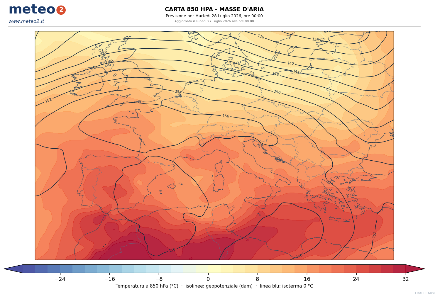 850 hPa: Masse d aria e isoterma zero - previsione ECMWF per l'Italia