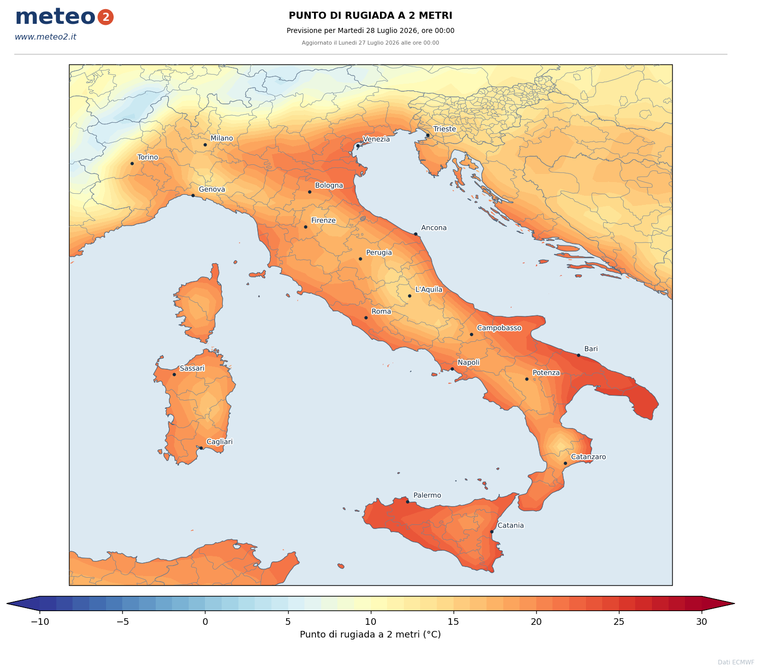 Rugiada 2m: Punto di rugiada e afa percepita - previsione ECMWF per l'Italia
