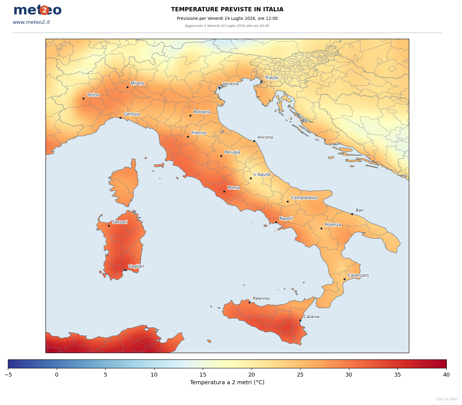 Mappa delle temperature previste in Italia