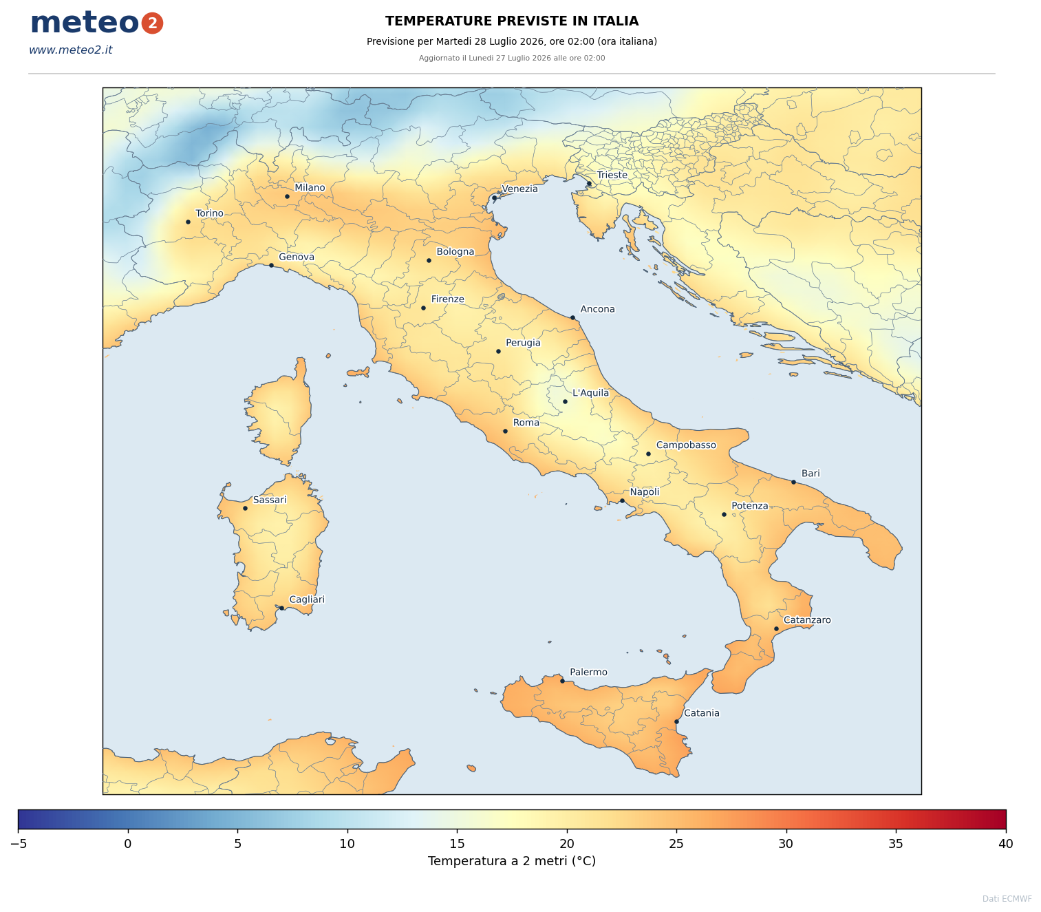 Temperature 2m: Temperatura a due metri dal suolo - previsione ECMWF per l'Italia