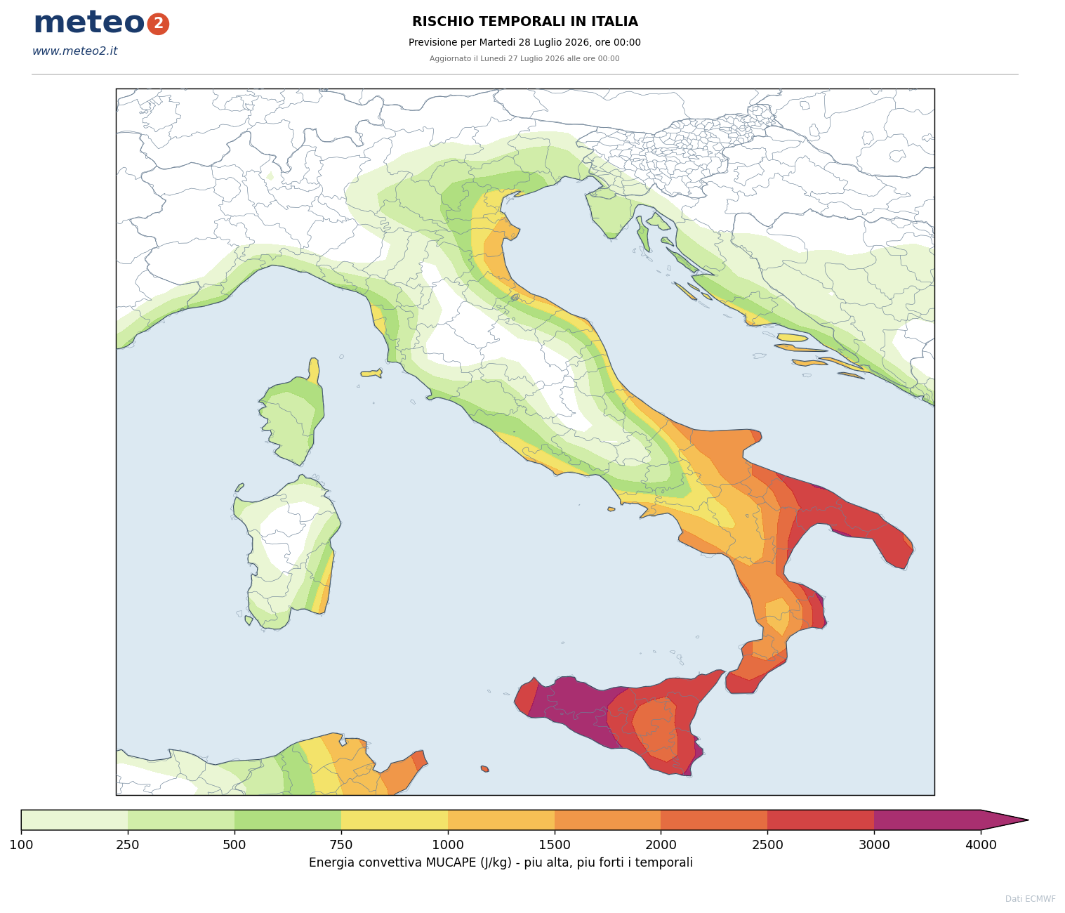 Temporali: Energia convettiva disponibile - previsione ECMWF per l'Italia