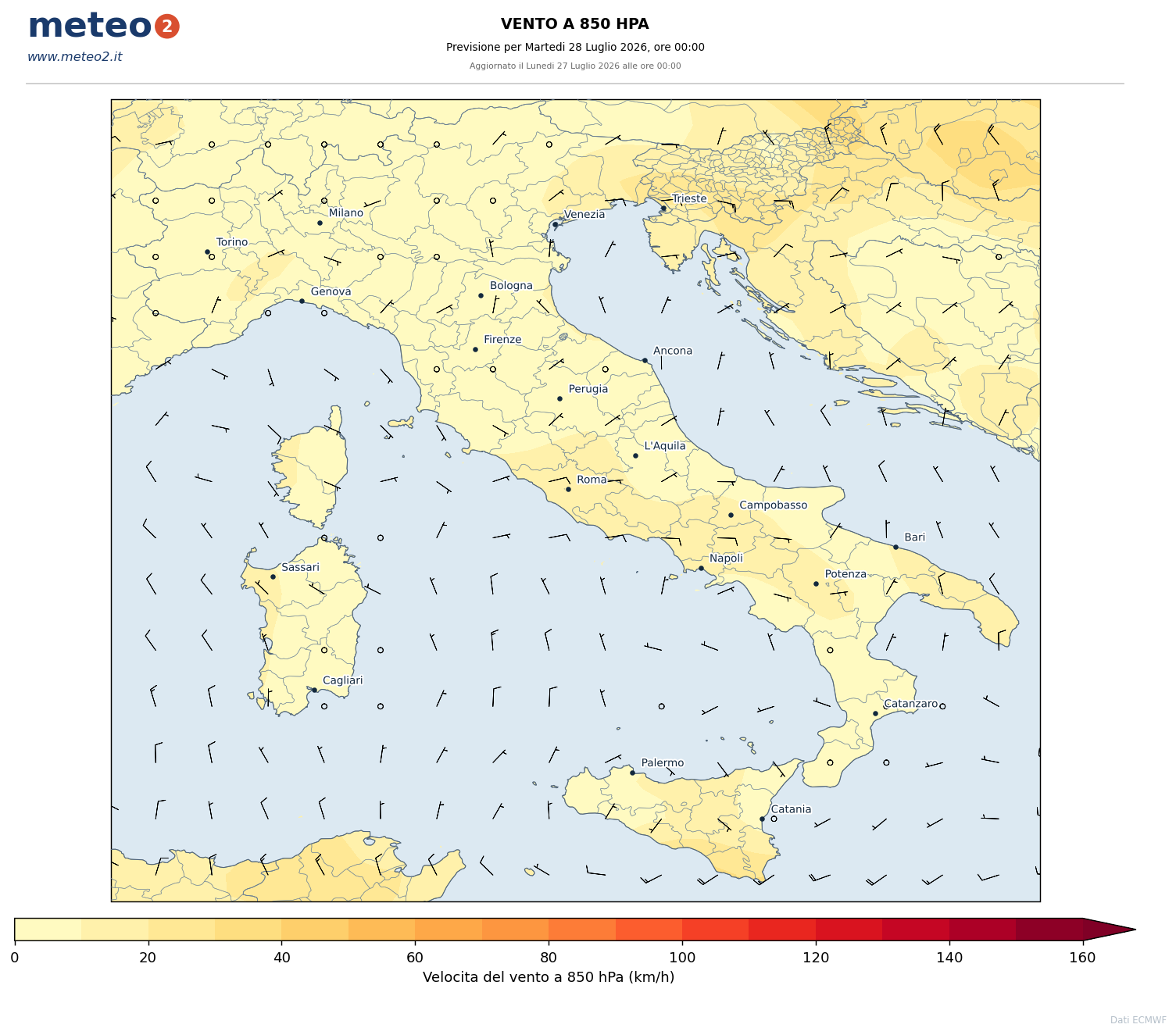 Vento 850 hPa: Getto di bassa quota - previsione ECMWF per l'Italia