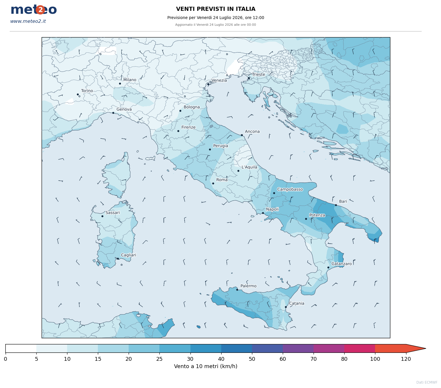 Mappa dei venti previsti in Italia
