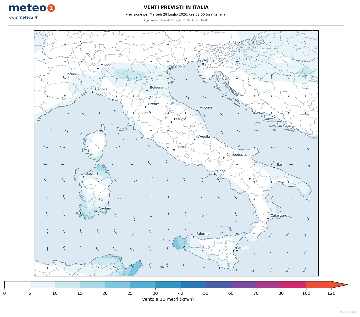 Venti 10m: Intensita e direzione del vento - previsione ECMWF per l'Italia