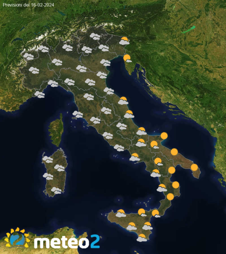 Meteo di domani: previsioni del tempo in Italia per il giorno 16-02-2024