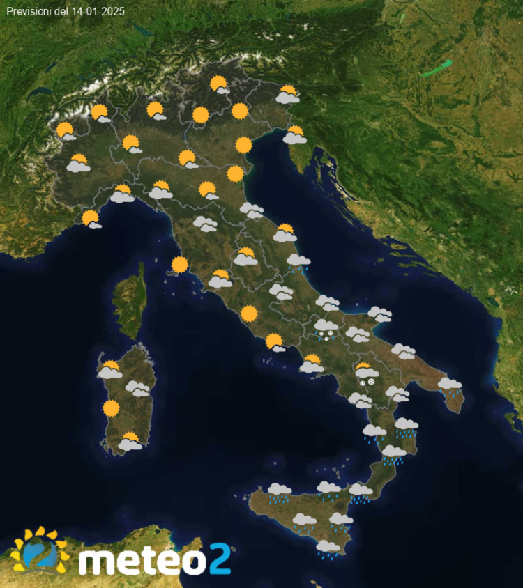 Previsioni del tempo in Italia per il giorno Martedì 14 Gennaio 2025
