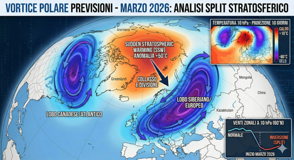 Vortice polare previsioni marzo 2026: imminente split gelido, l’Italia rischia il colpo di coda dell’inverno