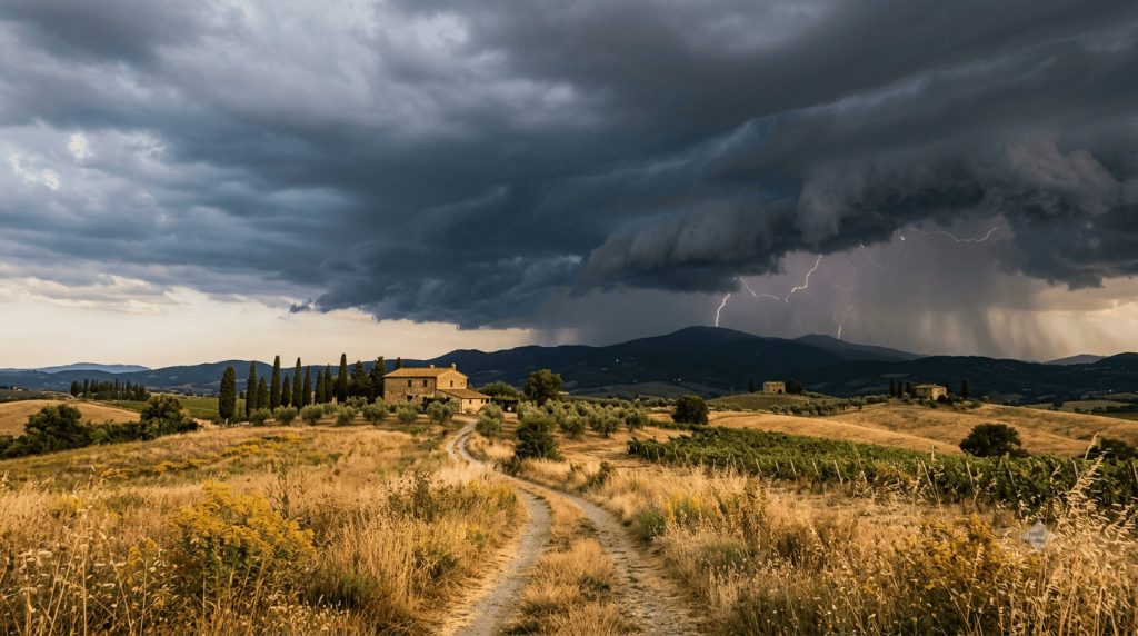 Cielo temporalesco su campi secchi durante l'ondata di caldo africano