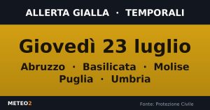 Allerta meteo gialla giovedì 23 luglio: Temporali su Abruzzo, Basilicata, Molise e altre 2 regioni