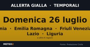 Allerta meteo gialla domenica 26 luglio: Temporali su Campania, Emilia Romagna, Friuli Venezia Giulia e altre 8 regioni