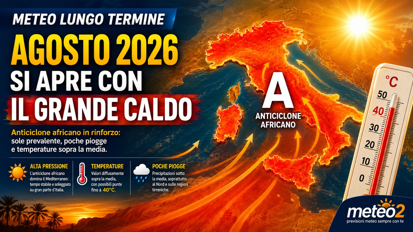 Meteo lungo termine: Agosto 2026 si apre con il grande caldo