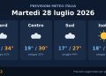 Previsioni meteo Martedì 28 Luglio 2026: Piogge su gran parte dell’Italia, fino a 34°