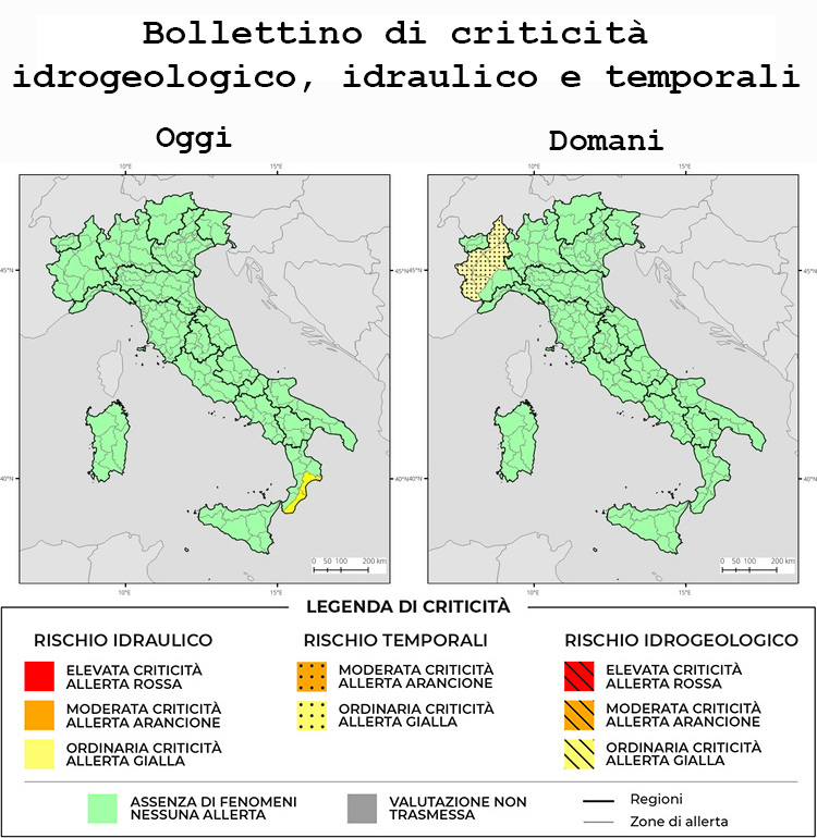Mappa delle allerte meteo della Protezione Civile per venerdì 24 luglio 2026