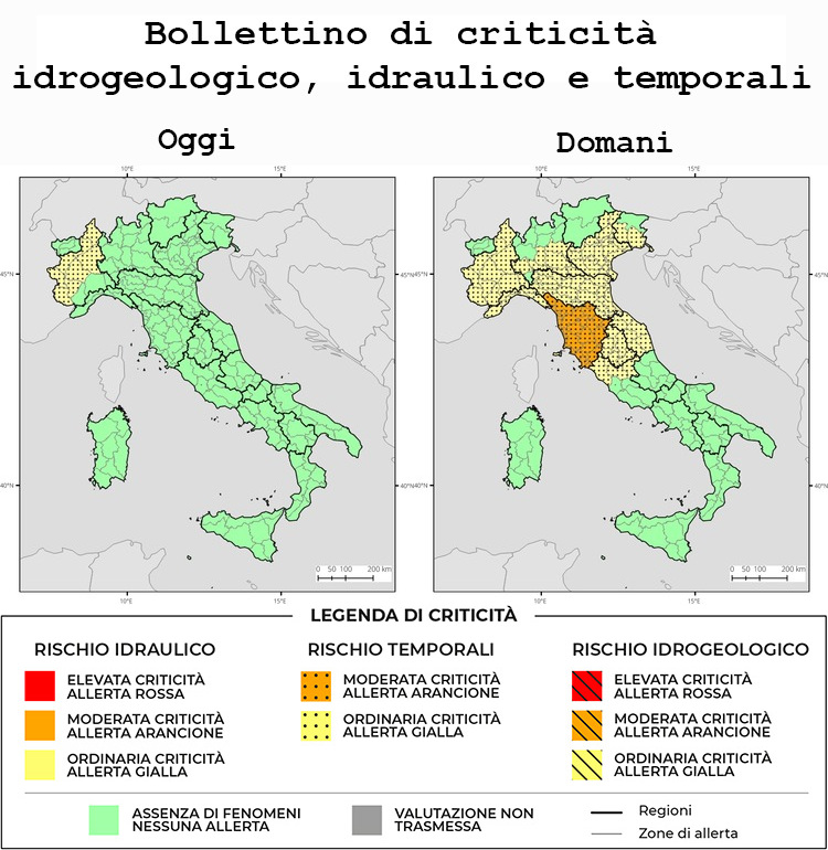 Mappa delle allerte meteo della Protezione Civile per sabato 25 luglio 2026