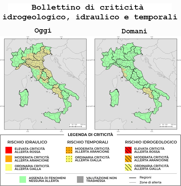 Mappa delle allerte meteo della Protezione Civile per domenica 26 luglio 2026